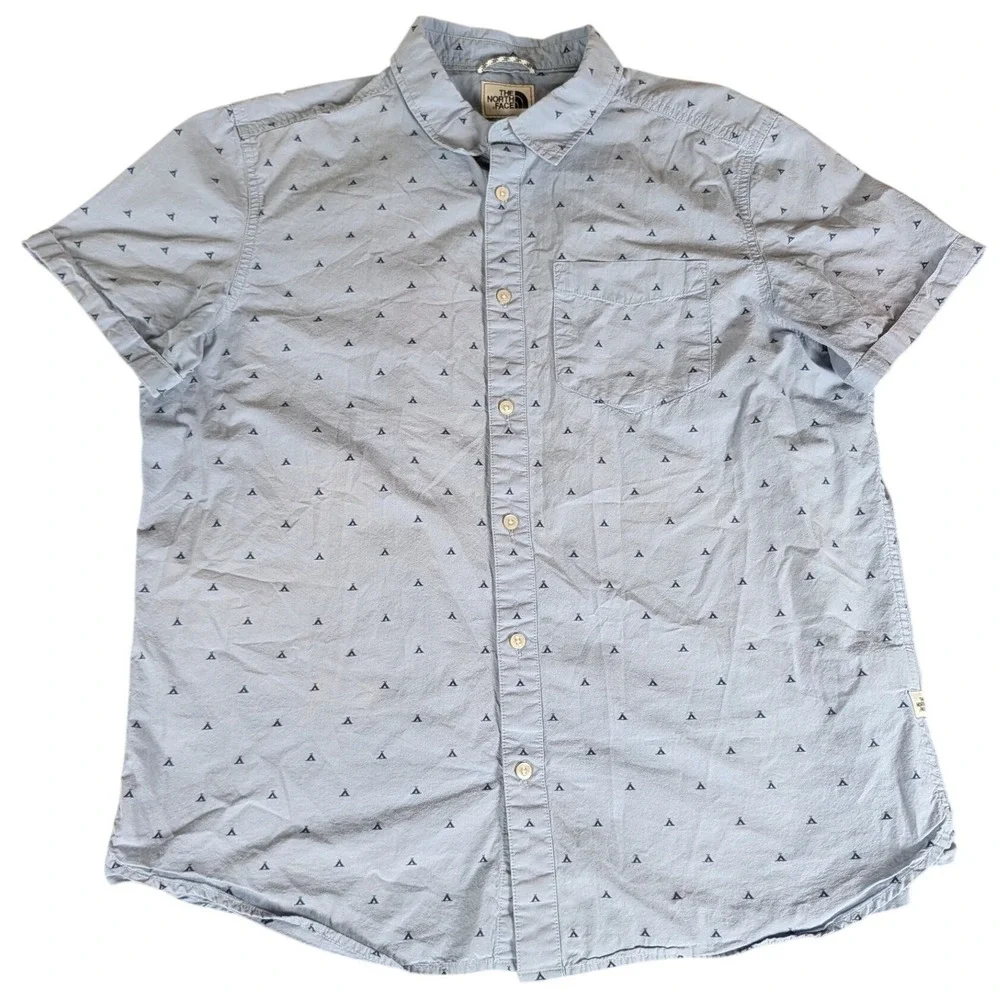 The North Face Mens Short Sleeve Button Down Shirt Blue Teepee Print XL‎